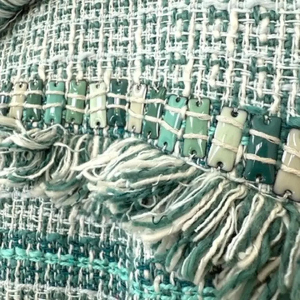 TORY BURCH Bouclé Tweed‎ Mini Dress Green Fringe Trim Sleeveless Pockets Sz 8